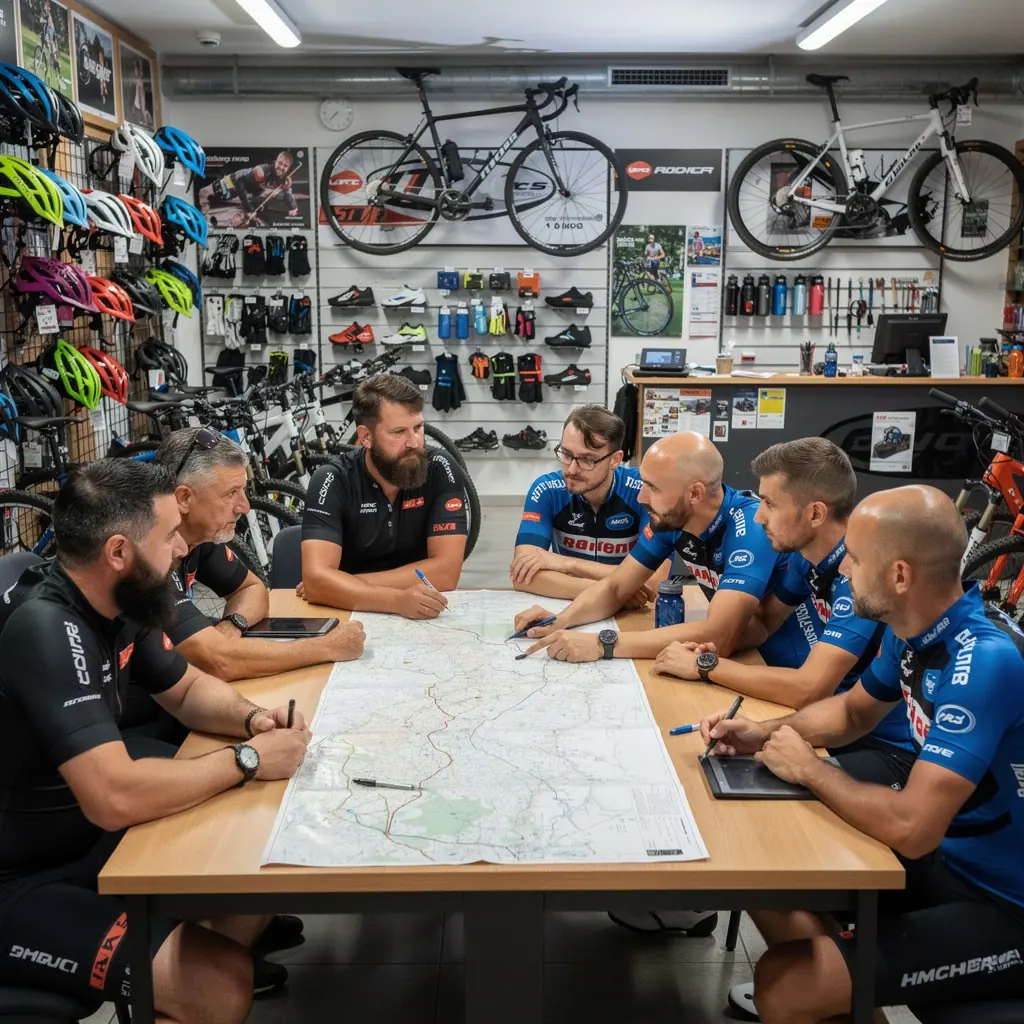 Egy csoport kerékpáros verseny közben, dinamikus mozgásban.