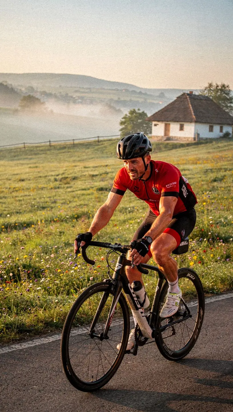 Kerékpáros edzés közben készült képek, ahol a sportoló erőfeszítése látható.