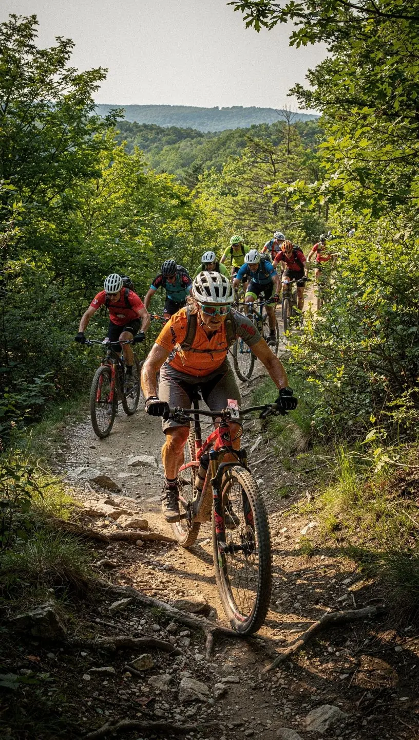 Csoportos kerékpáros edzés, ahol a versenyzők egymás mellett haladnak, motiváló légkörben.