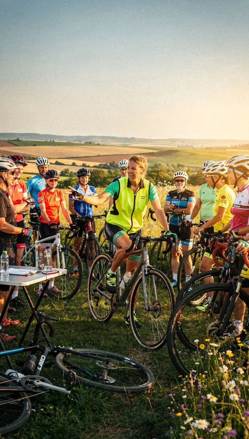 Csoportos kerékpáros edzés, ahol a versenyzők egymás mellett haladnak, motiváló légkörben.