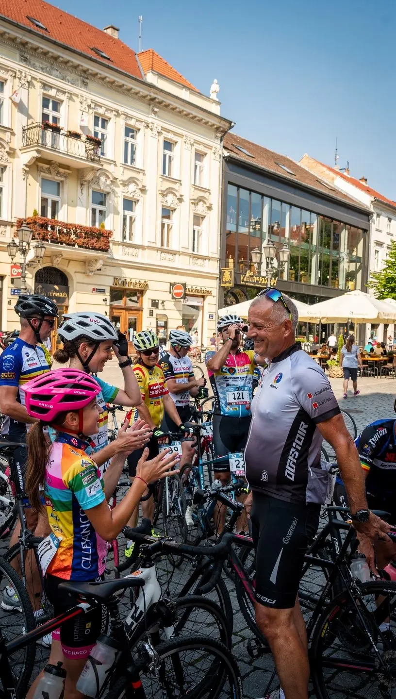 Csoportos kerékpáros edzés, ahol a versenyzők egymás mellett haladnak, motiváló légkörben.