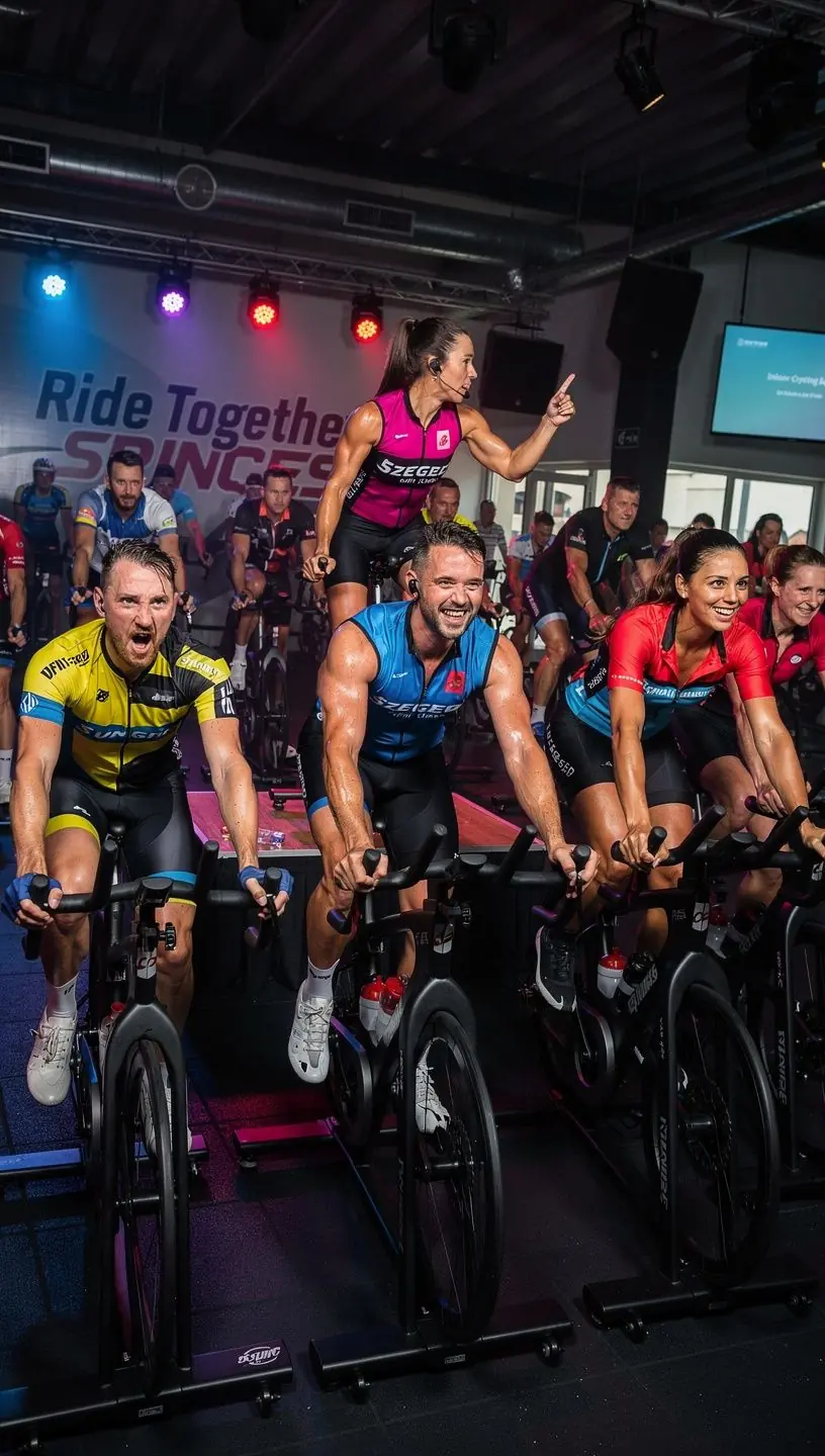 Kerékpáros edzés közben, a sportoló erőteljes pedálozást végez egy szép tájon.